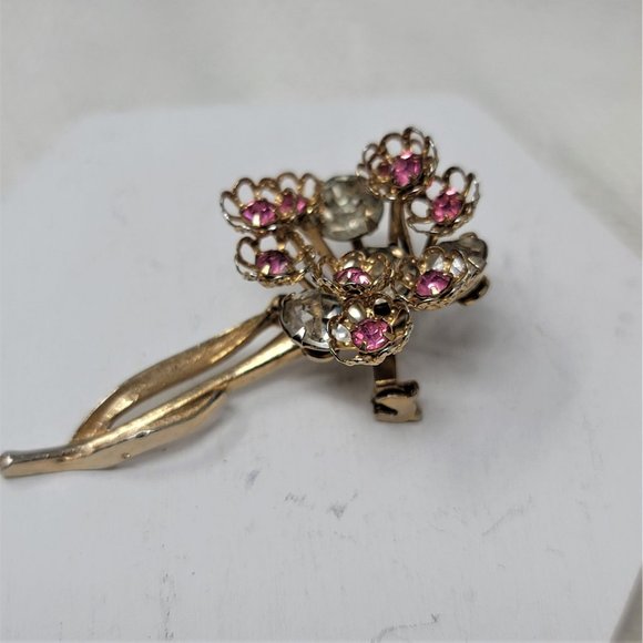 Sweet Vintage Flower Pin Brooch Pink Rhinestones - Picture 6 of 8